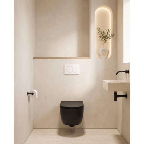 QeramiQ Dely Swirl Toiletset - 36.5x53cm - Geberit UP320 inbouwreservoir - met Burda frame - slim zitting - witte sigma bedieningsplaat - ronde knoppen - mat zwart SW1130188