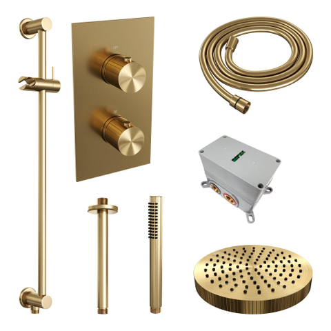 BRAUER Stripe Thermostatische Inbouw Regendouche - 3-weg - rechthoekig - SET 21 - 25cm douchekop - plafondarm - staaf handdouche - doucheslang - geïntegreerde glijstang - goud geborsteld PVD SW1434850