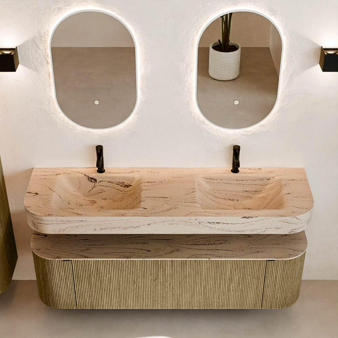 MONDIAZ THOR-DLUX 160cm meuble de salle de bains arrondi gauche + droite couleur Dusk avec 1 tiroir et 2 portes. Vasque suspendue CLOUD Double 2 trous de robinet couleur Arena. SW1465139