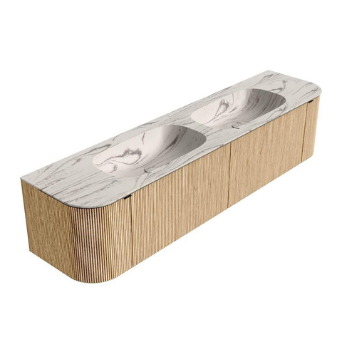 MONDIAZ KURVE-DLUX 190cm badmeubel ronding Links + Rechts kleur Oak met 2 lades en 2 deuren. Wastafel STOR SMALL Dubbel 2 kraangaten Nata. SW1432143