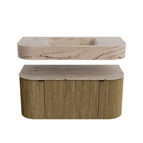 MONDIAZ THOR-DLUX 100cm meuble de salle de bains arrondi gauche + droite couleur Dusk avec 1 tiroir et 2 portes. Vasque suspendue CLOUD Milieu 1 trou de robinet couleur Arena. SW1467453