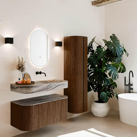 MONDIAZ THOR-DLUX 100cm meuble de salle de bains arrondi gauche + droite couleur Walnut avec 1 tiroir et 2 portes. Vasque suspendue CLOUD Droite sans trou de robinet couleur Sombra. SW1467614