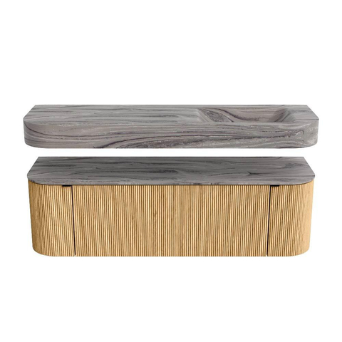 MONDIAZ THOR-DLUX 150cm badmeubel ronding links + rechts kleur Oak met 1 lade en 2 deuren. Vrijhangende wastafel CLOUD Rechts 1 kraangat kleur Sombra. SW1464897