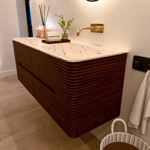 Mondiaz CIRO-DLUX Badkamermeubelset - 130x45x50cm - Solid surface wastafel Nata - 1 wasbak Rechts - zonder kraangaten - 4 lades - Ruby SW1532079