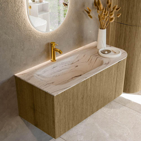 MONDIAZ KURVE-DLUX Meuble de salle de bains 105cm arrondi à droite couleur Dusk avec 1 tiroir et 1 porte. Lavabo BIG SMALL gauche 1 trou de robinet Nata. SW1432374