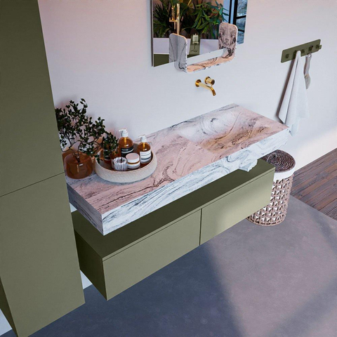 Mondiaz ALAN-DLUX Ensemble de meuble - 130cm - meuble Army mat - 2 tiroirs - Lavabo Cloud Glace suspendu - vasque Droite - 0 trous de robinet SW805968