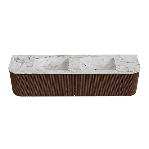 MONDIAZ KURVE-DLUX 180cm meuble de salle de bains avec module 25 Len R couleur Walnut avec 2 tiroirs et 2 portes. Lavabo LEAF double 2 trous de robinet couleur Glace. SW1138066