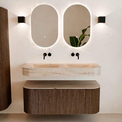 MONDIAZ THOR-DLUX 120cm badmeubel ronding links + rechts kleur Walnut met 1 lade en 2 deuren. Vrijhangende wastafel CLOUD Dubbel zonder kraangat kleur Saba. SW1463559