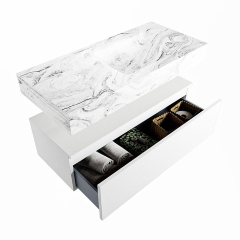Mondiaz ALAN-DLUX Ensemble de meuble - 100cm - meuble Talc mat - 1 tiroir - Lavabo Cloud Glace suspendu - vasque Droite - 0 trous de robinet SW804889