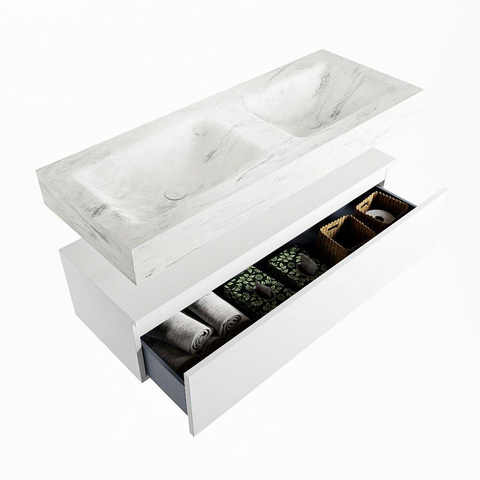 Mondiaz ALAN-DLUX Ensemble de meuble - 120cm - meuble Talc mat - 1 tiroir - Lavabo Cloud Opalo suspendu - vasque Gauche et droite - 0 trous de robinet SW806416