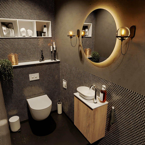 Mondiaz Fowy Meuble WC - 40x50x23cm - chêne blanchi mat - 1 trou de robinet - lavabo à gauche - 1 porte - solid surface - plan Mélamine - lavabo : Blanc / Noir SW761433