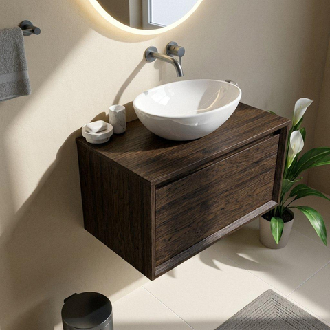 Saniclass Holz Frame Ensemble de meubles de salle de bains - 80x45x42cm - plan de toilette en bois - sans trou de robinetterie - 1 tiroir - chêne charcoal mat (bois) SW1436765