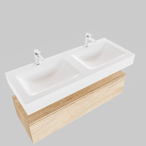 MONDIAZ ALAN 120cm - meuble bas - chêne lavé - 1 tiroir - lavabo suspendu - 2 vasques - 2 trous de robinet - talc SW408593