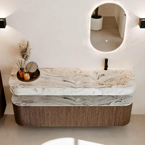 MONDIAZ THOR-DLUX 170cm meuble de salle de bains arrondi gauche + droite couleur Walnut avec 1 tiroir et 2 portes. Vasque suspendue CLOUD Droite 1 trou de robinet couleur Glace. SW1465585