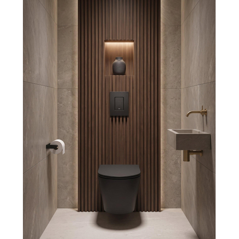 QeramiQ Dely Toiletset - Grohe inbouwreservoir - mat zwarte bedieningsplaat - rechthoek toilet - zitting - matte black (mat zwart) SW656916