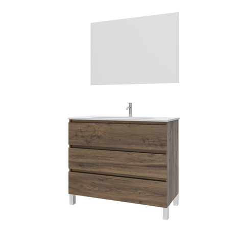 Saniclass Chaci PLUS Meuble de salle de bain - 100x86x46cm - lavabo en céramique blanc - 1 vasque ovale - 1 trou de robinet - 3 tiroirs - miroir rectangulaire - noyer (hout) SW926291