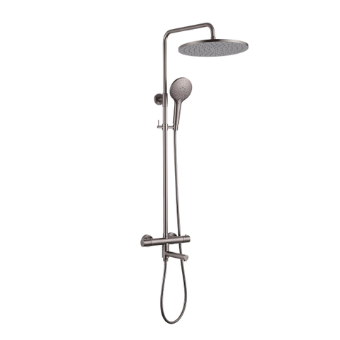 Fortifura Calvi Regendoucheset - thermostatisch - 30cm hoofddouche - metalen slang - ronde handdouche - draaibare baduitloop - Geborsteld Gunmetal PVD SW1592485