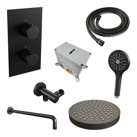 BRAUER Stripe Thermostatique Douche de tête encastrée - 3 voies - rectangulaire - SET 17 - pomme de douche 25cm - bras de fixation mural courbé - douchette 3 positions - flexible de douche - coude mural - noir mat SW1435149