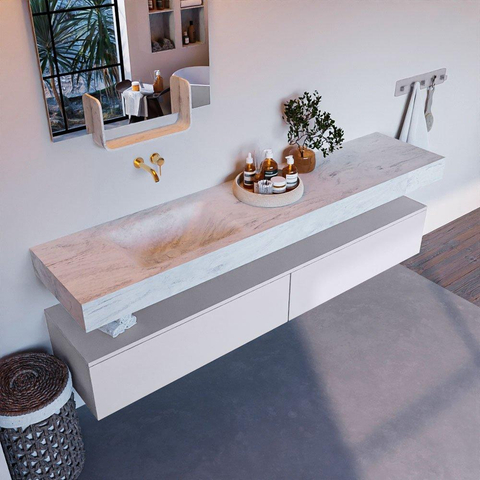 Mondiaz ALAN-DLUX Ensemble de meuble - 200cm - meuble Cale mat - 2 tiroirs - Lavabo Cloud Opalo suspendu - vasque Gauche - 0 trous de robinet SW806701