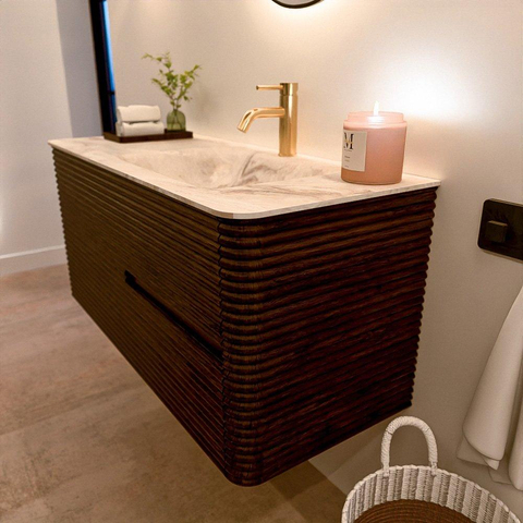 Mondiaz CIRO-DLUX Meuble de salle de bains - 110x45x50cm - Plan vasque solid surface Frappe - 1 vasque à droite - 1 trou de robinet - 2 tiroirs - Noyer SW1530324