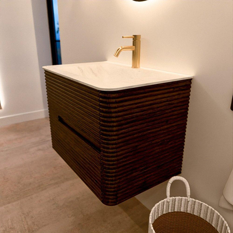 Mondiaz CIRO-DLUX Badkamermeubelset - 70x45x50cm - Solid surface wastafel Opalo - 1 wasbak Midden - 1 kraangat - 2 lades - Walnut SW1530124