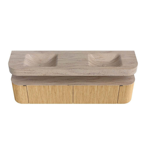 MONDIAZ THOR-DLUX Meuble de salle de bains - 190cm - arrondi gauche + droite - couleur Oak - 2 tiroirs et 2 portes - Vasque suspendue CLOUD Double sans trou de robinet - couleur Saba SW1466661