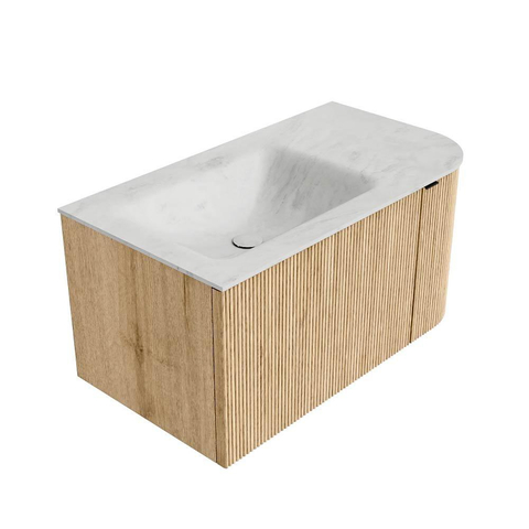 MONDIAZ KURVE-DLUX meuble de salle de bains 85cm avec module 25 R couleur chêne avec 1 tiroir et 1 porte. Lavabo CLOUD gauche 1 trou de robinet couleur Opalo. SW1137504