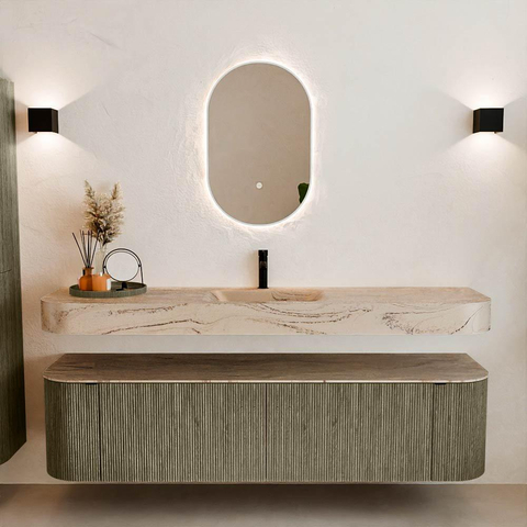 MONDIAZ THOR-DLUX 180cm meuble de salle de bains arrondi gauche + droite couleur Shadow avec 2 tiroirs et 2 portes. Vasque suspendue CLOUD Milieu 1 trou de robinet couleur Arena. SW1466152