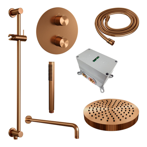 BRAUER Stripe Douche de tête thermostatique encastrée - 3 voies - ronde - SET 44 - pomme de douche 25cm - bras mural courbé - douchette à main barre - flexible de douche - barre coulissante intégrée - cuivre brossé PVD SW1434943
