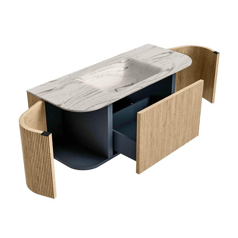 MONDIAZ KURVE-DLUX 110cm badmeubel ronding Links + Rechts kleur Oak met 1 lade en 2 deuren. Wastafel CLOUD Midden zonder kraangat Nata. SW1432071
