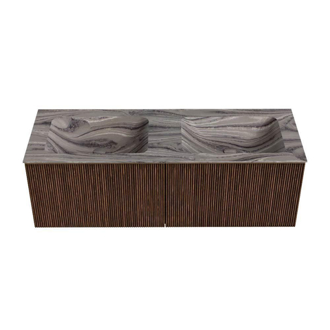 MONDIAZ KURVE-DLUX Meuble de salle de bains 130cm couleur Walnut avec 2 tiroirs et 0 porte. Lavabo LEAF Double 2 trous de robinet Sombra. SW1433702