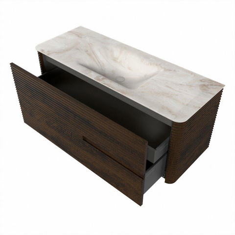 Mondiaz CIRO-DLUX Ensemble de meubles de salle de bains - 120x45x50cm - Vasque solid surface Frappe - 1 lavabo au milieu - 1 trou de robinet - 2 tiroirs - Noyer SW1530306