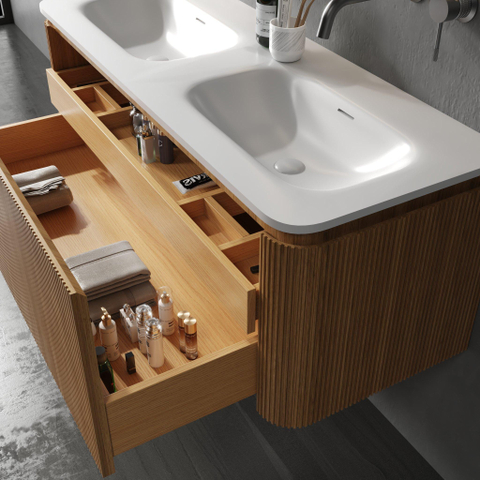 Royal Plaza Terra Edge Ensemble meuble de salle de bains - 120x44.7x46cm - vasque en solid surface blanc mat - 2 vasques - 2 trous de robinet - 2 tiroirs - sandwood (chêne clair) SW1471916