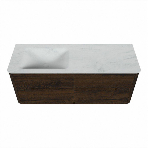 Mondiaz CIRO-DLUX Badkamermeubelset - 130x45x50cm - Solid surface wastafel Opalo - 1 wasbak Links - zonder kraangaten - 4 lades - Walnut SW1530509