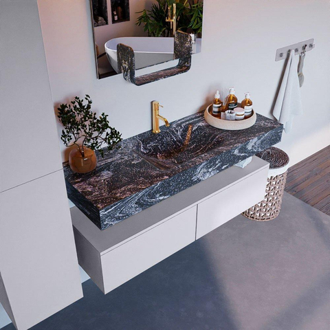Mondiaz ALAN-DLUX Ensemble de meuble - 130cm - meuble Cale mat - 2 tiroirs - Lavabo Cloud Lava suspendu - vasque Centre - 1 trou de robinet SW808235