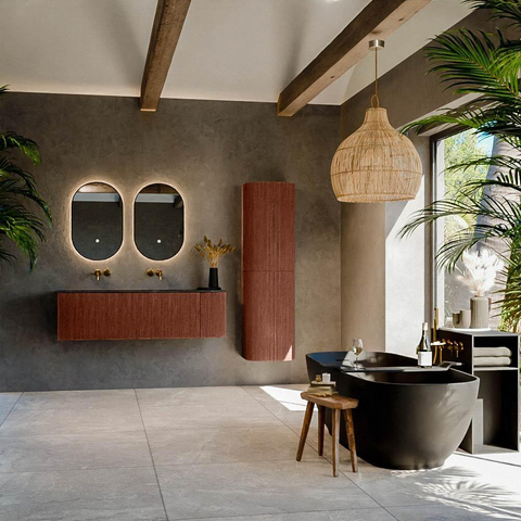 Mondiaz KURVE-DLUX Ensemble de meubles de salle de bains - 145x46x40cm - 1 tiroir - 1 porte - lavabo solid surface - gauche - sans trou de robinet - Ruby SW1416056