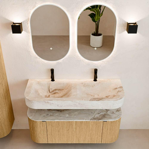 MONDIAZ THOR-DLUX 120cm badmeubel ronding links + rechts kleur Oak met 1 lade en 2 deuren. Vrijhangende wastafel CLOUD Dubbel 2 kraangaten kleur Frappe. SW1463050