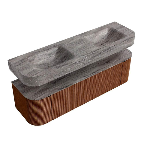 MONDIAZ THOR-DLUX 160cm meuble de salle de bains arrondi gauche + droite couleur Ruby avec 1 tiroir et 2 portes. Vasque suspendue CLOUD Double 2 trous de robinet couleur Oza. SW1465320
