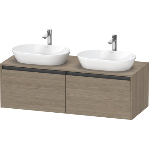 Duravit Ketho.2 Wastafelonderbouwkast - inclusief consoleplaat - met 2 laden - voor dubbele waskommen - 140x55x45.9cm - met handgrepen antraciet - eiken terra mat SW771831
