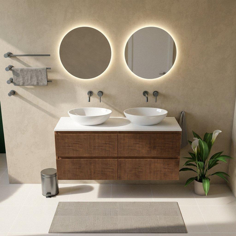 Saniclass Holz Atelier Ensemble de meubles de salle de bains - 140x45x62.5cm - Plan Torino en solid surface blanc - sans trou de robinetterie - 4 tiroirs - walnut pure mat (bois) SW1478721