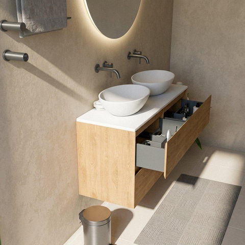 Saniclass Holz Pure Badkamermeubelset - 120x45x62.5cm - Torino solid surface topblad wit - zonder kraangat - 4 lades - mat eiken natural (hout) SW1478715
