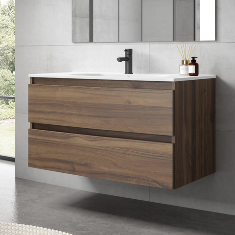 Saniclass Chaci Meuble de salle de bain - 100x45x55cm - lavabo en céramique brillant blanc - 1 vasque - 1 trou de robinet - 2 tiroirs - noyer SW721293