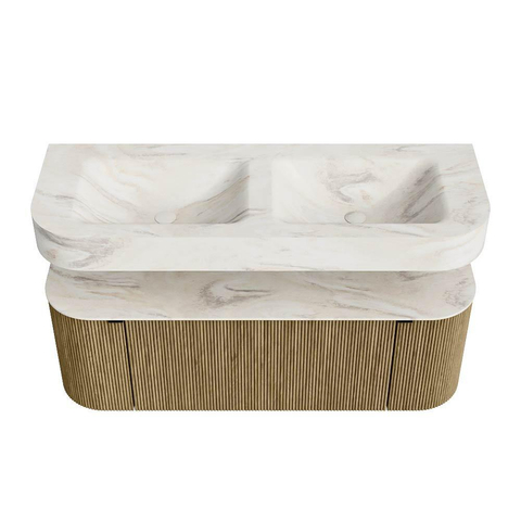 MONDIAZ THOR-DLUX Meuble de salle de bains 130cm arrondi gauche + droite couleur Dusk avec 1 tiroir et 2 portes. Vasque suspendue CLOUD Double sans trou de robinet couleur Ostra. SW1463528