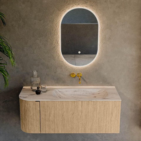 MONDIAZ KURVE-DLUX 115cm badmeubel ronding Links kleur Oak met 1 lade en 1 deur. Wastafel BIG SMALL Rechts zonder kraangat Nata. SW1432076