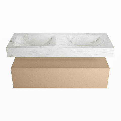 Mondiaz ALAN-DLUX Ensemble de meuble - 120cm - meuble Oro mat - 1 tiroir - Lavabo Cloud Opalo suspendu - vasque Gauche et droite - 2 trous de robinet SW807128