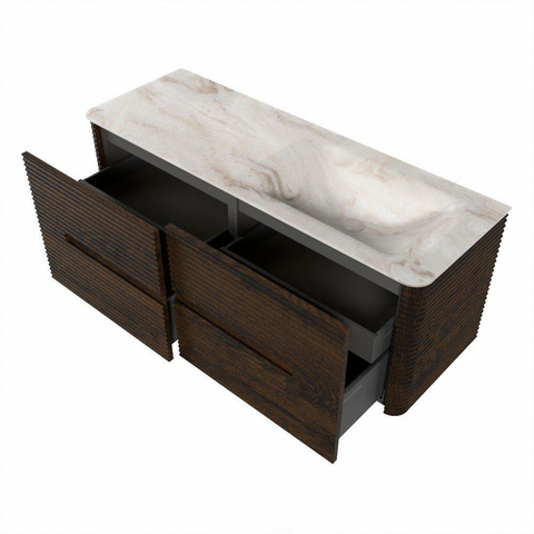 Mondiaz CIRO-DLUX Meuble de salle de bains - 130x45x50cm - Vasque solid surface Frappe - 1 lavabo à droite - 1 trou de robinet - 4 tiroirs - Noyer SW1530250
