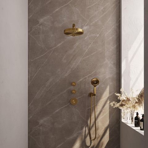 BRAUER Stripe Thermostatique Douche de Pluie Encastrable - SET 04 - Pomme de douche 25cm - Bras mural droit - Douchette 3 positions - Flexible de douche - Coude mural - Or brossé PVD SW1434835