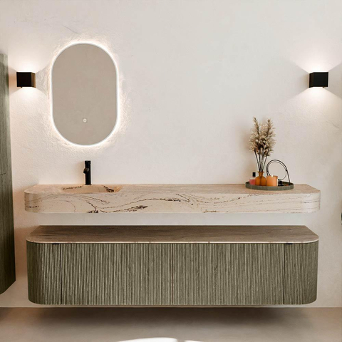 MONDIAZ THOR-DLUX Meuble de salle de bains 190cm arrondi gauche + droite couleur Shadow avec 2 tiroirs et 2 portes. Vasque suspendue CLOUD Gauche 1 trou de robinet couleur Arena. SW1466618