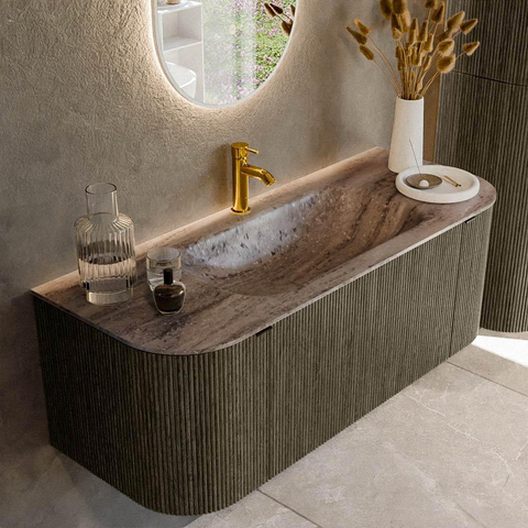 MONDIAZ KURVE-DLUX Meuble de salle de bains 120cm arrondi Gauche + Droite couleur Shadow avec 1 tiroir et 2 portes. Lavabo BIG SMALL Central 1 trou de robinet Oza. SW1432864