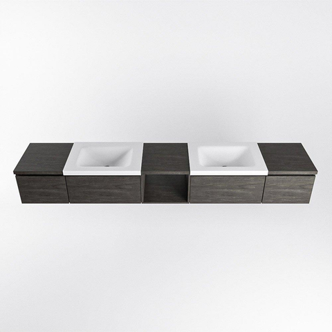 MONDIAZ BUKLA 240cm meuble de salle de bain avec module ouvert 40 au milieu couleur Marron Foncé avec 4 tiroirs. Lavabo CLOUD double 0 trou de robinet couleur Talc. SW1382224